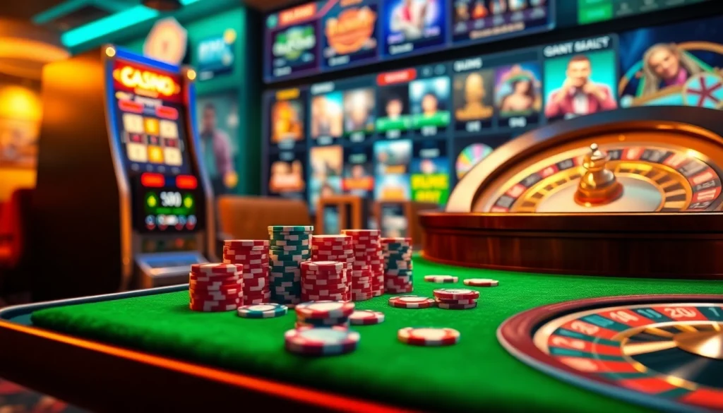 Experience thrilling idnslot gameplay with vibrant slot machines and poker chips.