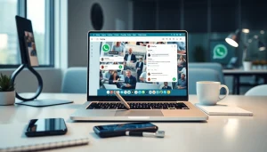 一个现代化工作区的细节视图，展示快连官网的 WhatsApp Web 消息功能，含用户互动与科技元素。