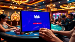 Excited players engaging with the bk8 login interface in a vibrant casino atmosphere.