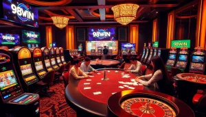 Experience the excitement of gambling with 98WIN in a luxurious casino setting featuring vibrant gaming elements.