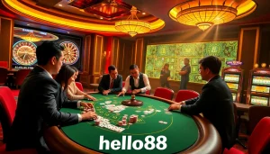 Engaging poker game scene with players and chips at hello88 casino.