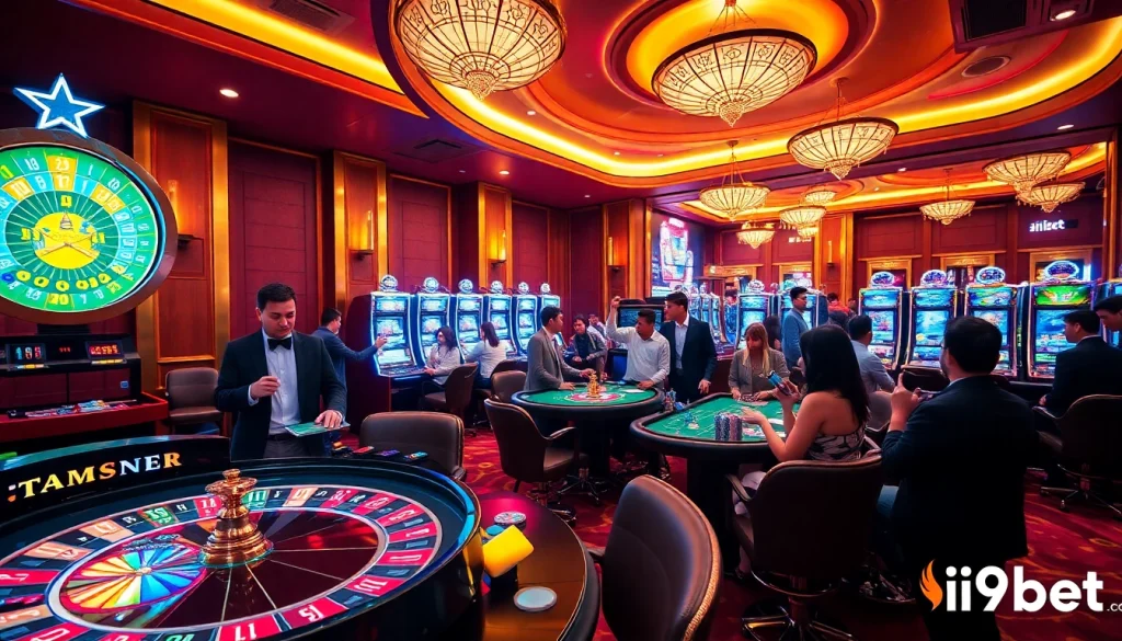 Exciting casino scene with i9bet tables, cards, and vibrant slot machines.