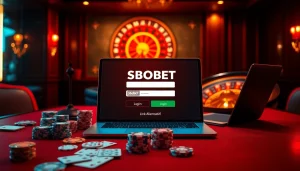 SboBet link alternatif sbobet displayed on a luxury casino backdrop, featuring poker chips and a roulette wheel.