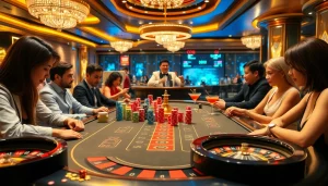 Players enjoying poker at a luxurious GO88 casino table with vibrant chips and a roulette wheel.