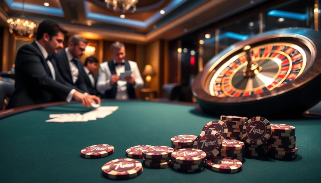 Experience thrilling gameplay at 7upbet with high-stakes poker and roulette in an elegant casino setting.