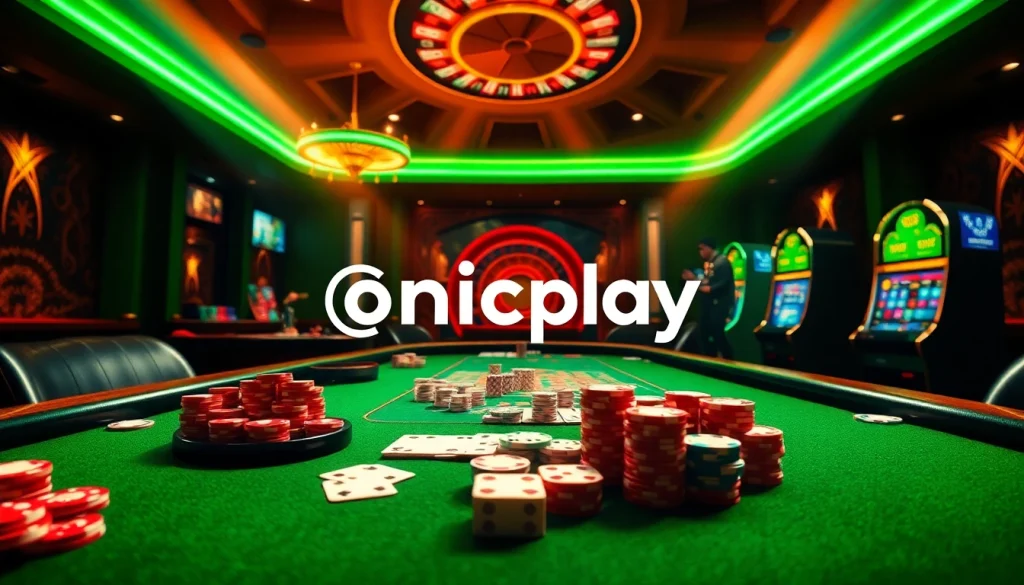 Experience the thrill of winning at onicplay with an exciting online casino setup featuring poker chips and a virtual roulette wheel.