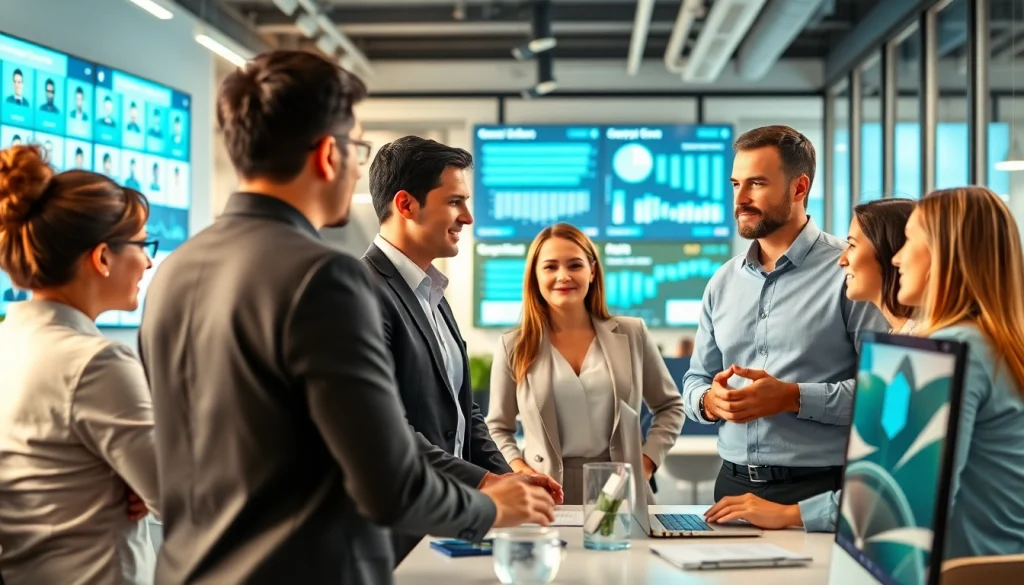 Streamlined sales hiring platform showcasing a recruitment team in dynamic interaction.