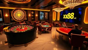 Engaging players at a luxury casino table featuring the https://xx88.nl/ logo, with colorful chips and cards.