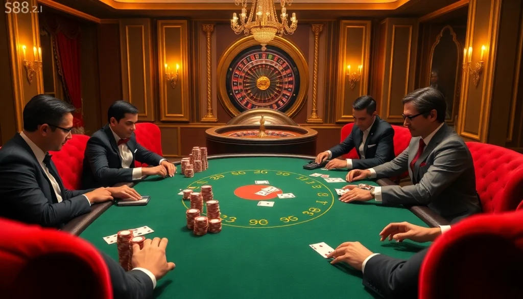 S88A.io brings high-stakes poker excitement with players at a luxurious casino table.