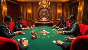 S88A.io brings high-stakes poker excitement with players at a luxurious casino table.