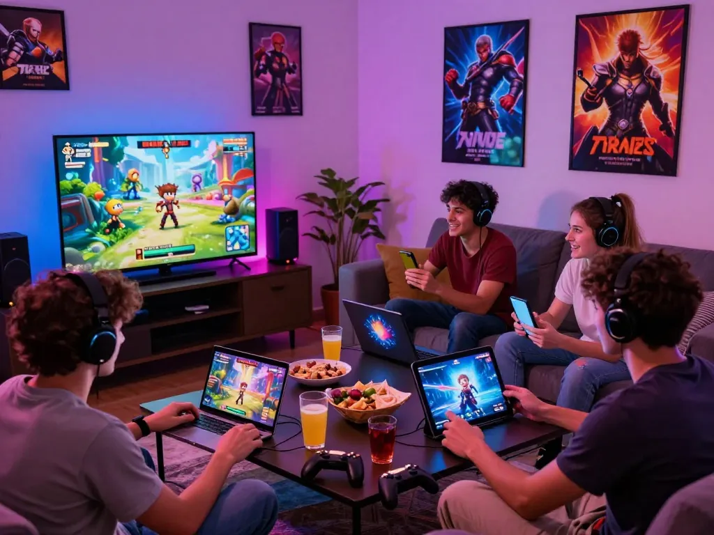 Friends enjoying a lively gaming night playing engaging porno games on various devices in a cozy living room.