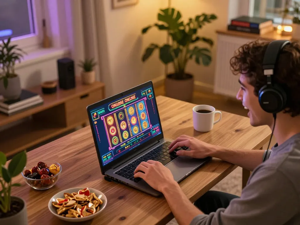 Engaging in casino online gratis senza registrazione with a laptop at home, showcasing vibrant gameplay and a cozy atmosphere