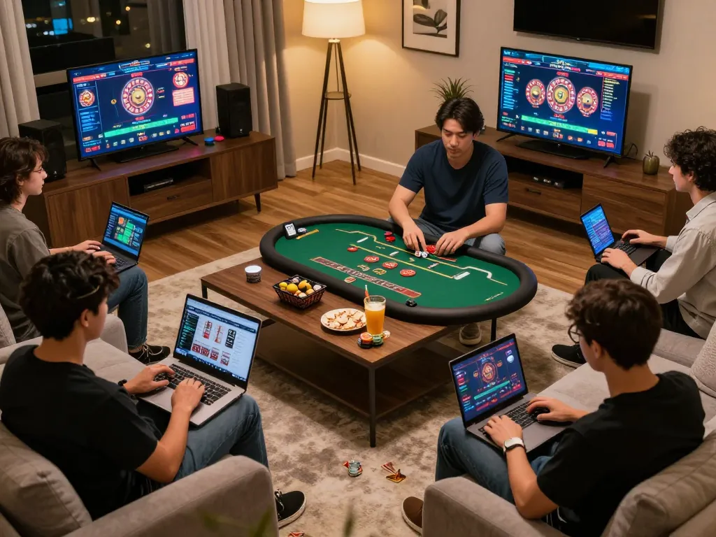 Players enjoying online games at zx88com in a cozy, upscale living room environment