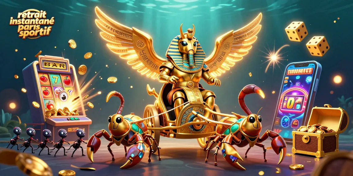 Retrait instantané paris sportif : illustre un scarabée doré colossal conduisant une charrette avec des scorpions.