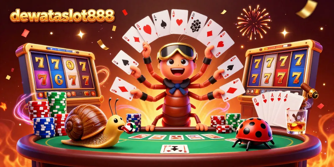 Mainkan permainan slot di dewataslot888 dengan dealer kartun dan suasana kasino yang meriah.