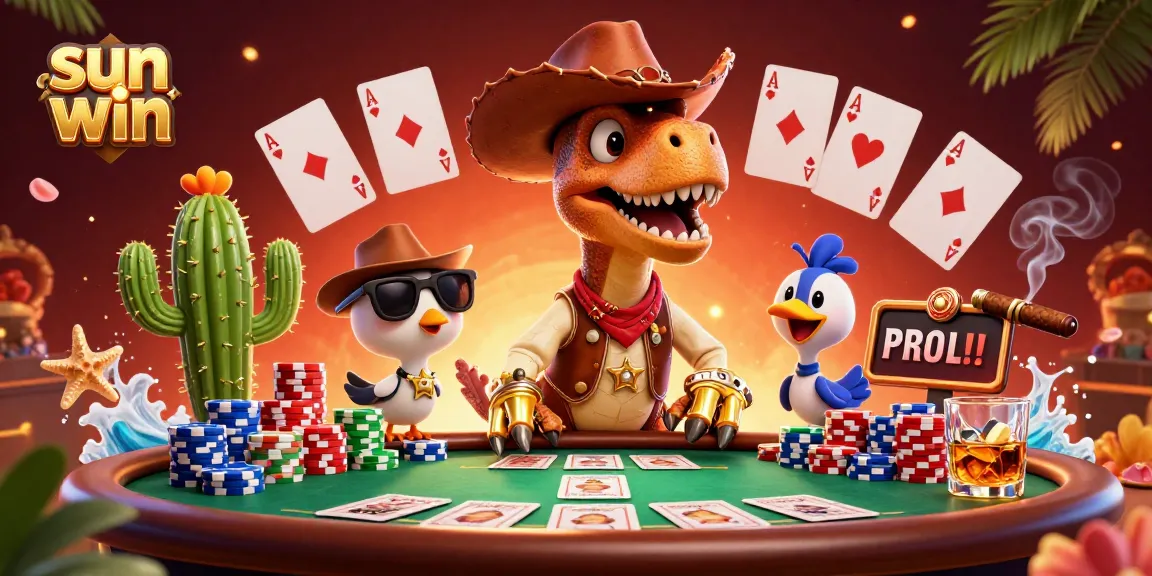 Experience sun win with a vibrant 3D cartoon scene showcasing poker excitement.
