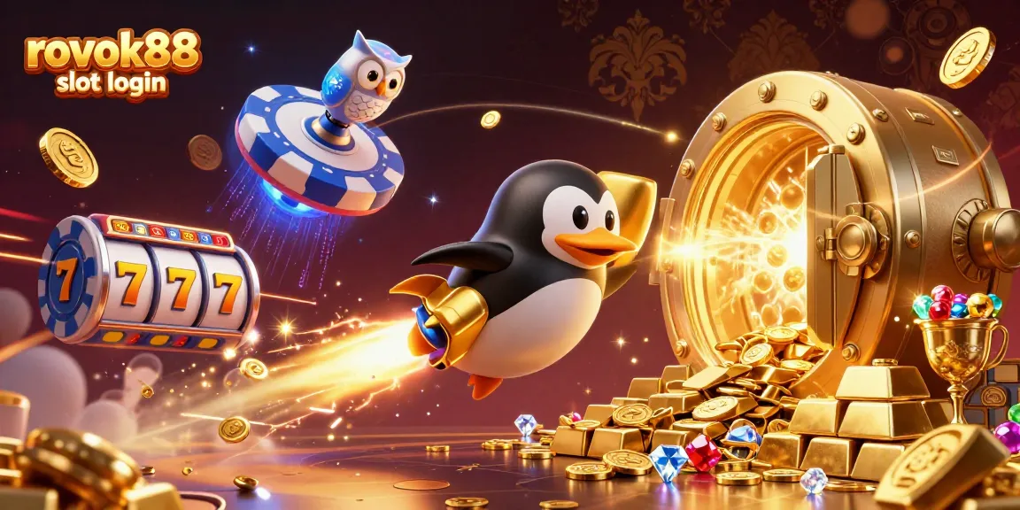 Engage with the rokok88 slot login experience, featuring a golden penguin and casino elements in a vibrant 3D scene.