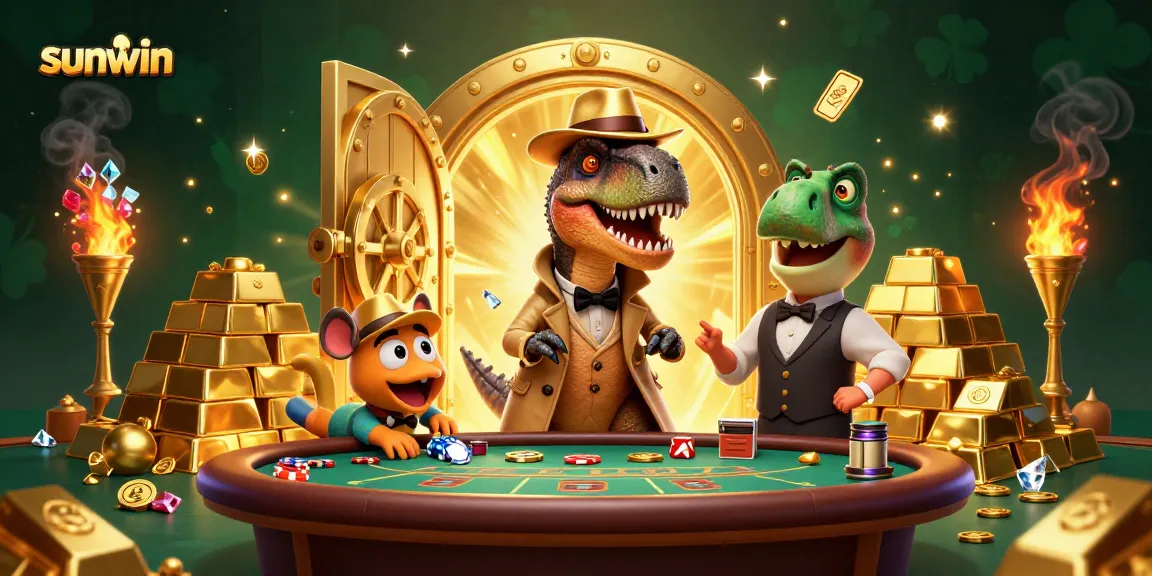 Experience sunwin in a thrilling 3D scene with engaging dinosaur characters at a casino table.