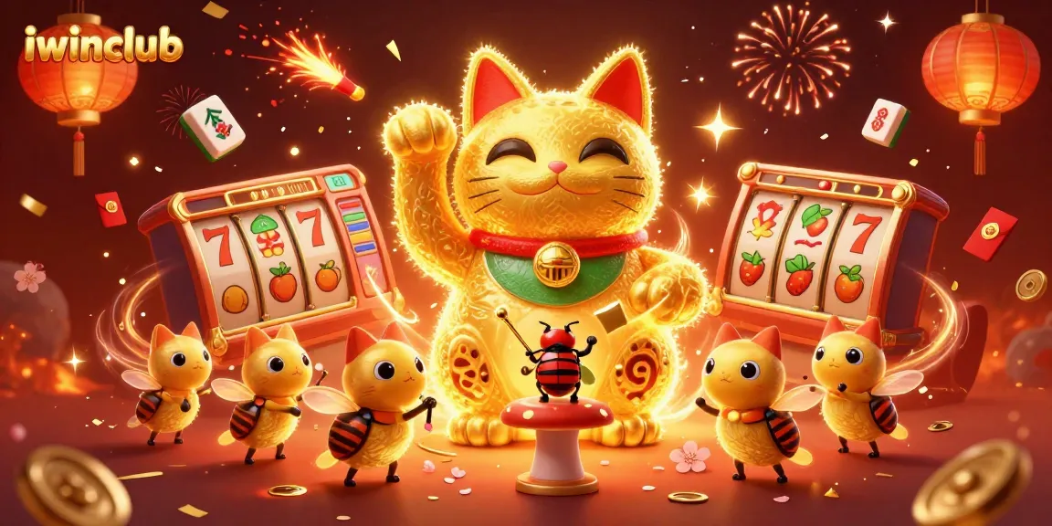 Experience winning moments at iwinclub with a vibrant 3D lucky cat illustration.