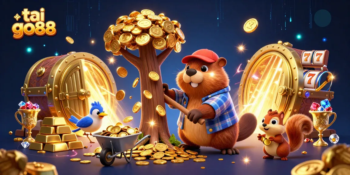 Experience excitement with tai go88 as the beaver chops a coin-filled tree amidst vibrant casino treasures.