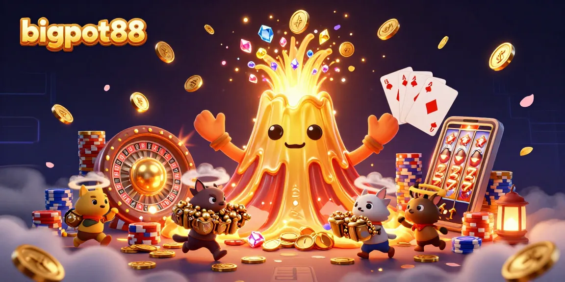 Experience bigpot88 thrills with golden coins and a triumphant golden volcano in a rich casino scene.