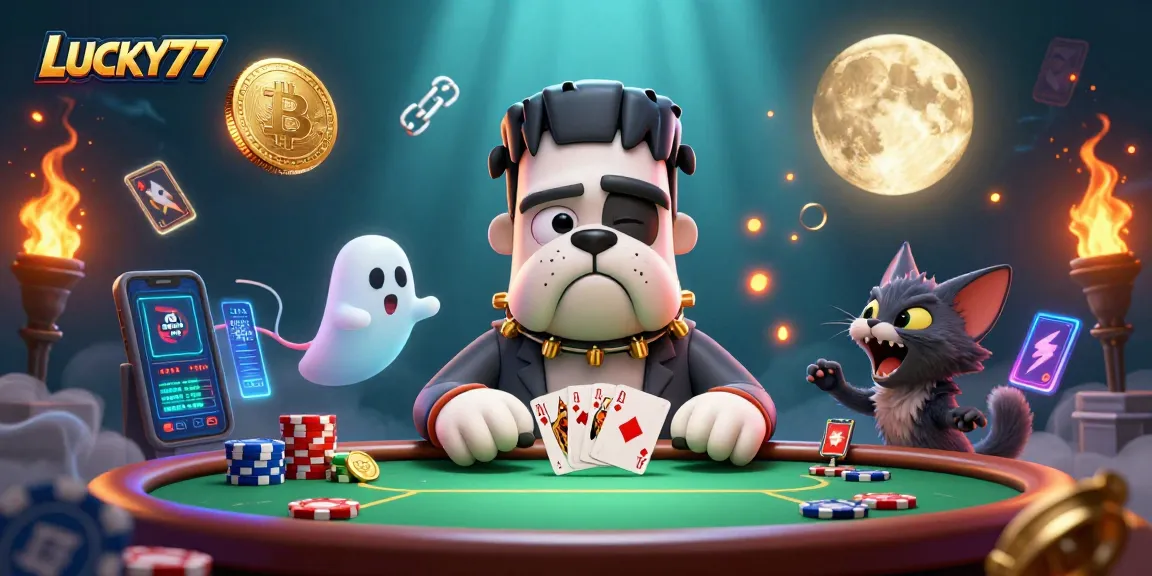 Experience the thrill at LUCKY77 with a lively poker scene featuring a Frankenstein bulldog dealer and crypto elements.