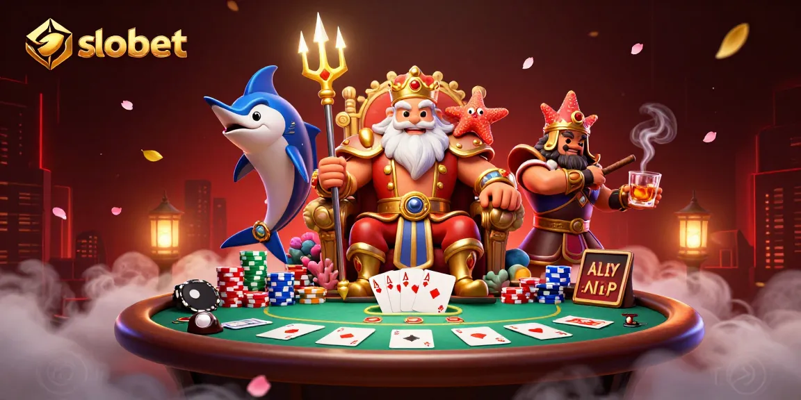 Experience sbobet in a vibrant casino scene with Neptune and poker elements.